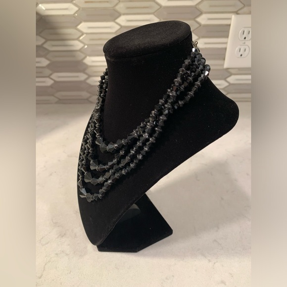 Four Strand Black Glass Beaded Necklace 16’ - Picture 3 of 6